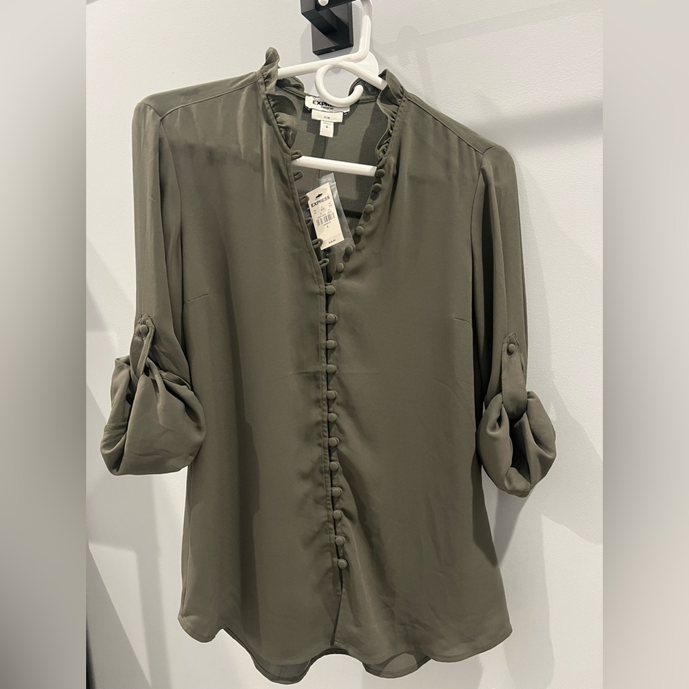 Express Olive Green Button-Front Blouse